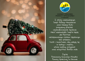 choinka na dachu zielonego samochodu i obok tekst z życzeniami