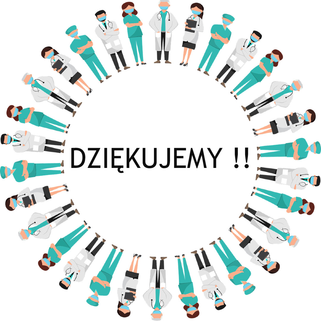 postacie medyków stojące po okręgu. w środku napis "dziękujemy"