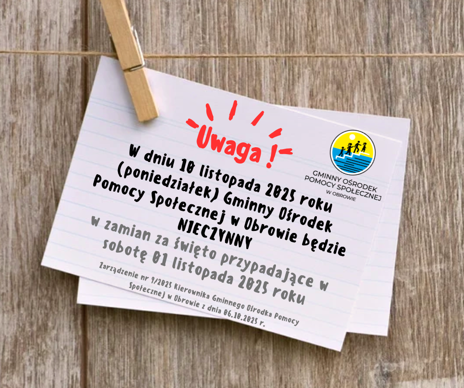 kartka z informacją o dniu wolnym w GOPS w Obrowie