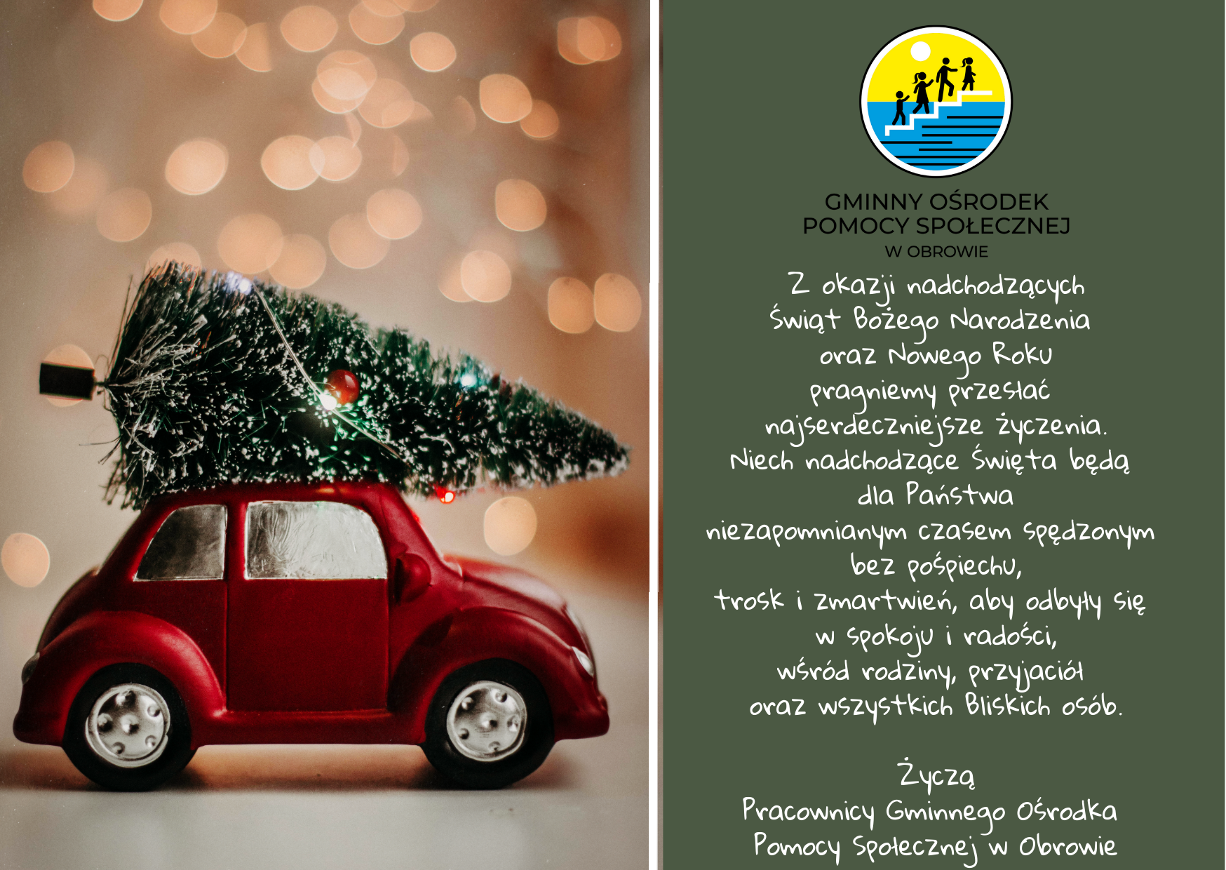 choinka na dachu czerwonego samochodu a obok tekst z życzeniami